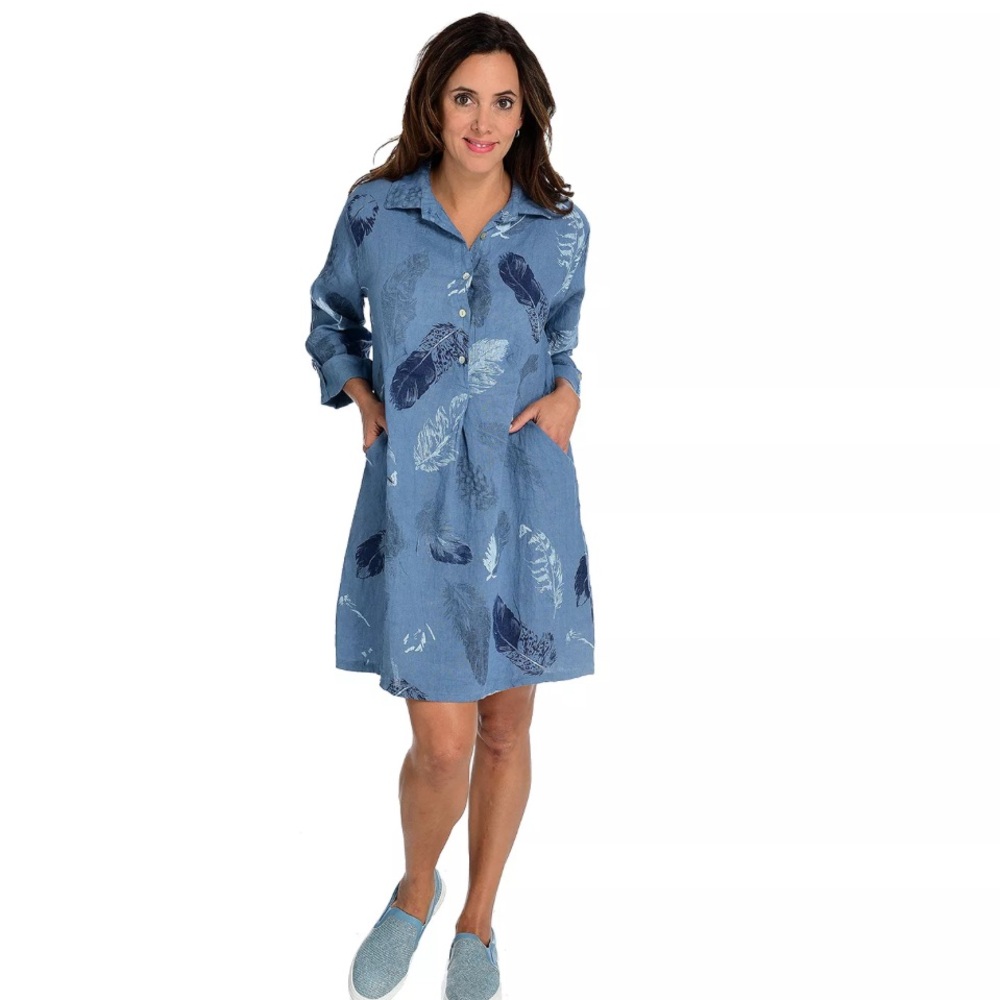 Women’s OSO Casuals Blue Linen 3/4 Sleeve Button Front‎ Shirt Dress